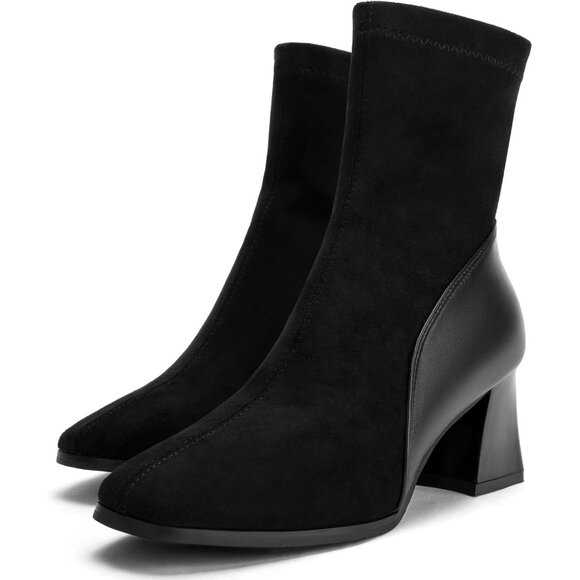 ⚡Women's Black Square Toe Ankle Boots Low Block Heel Chelsea Boots Back Zipper - Picture 6 of 6